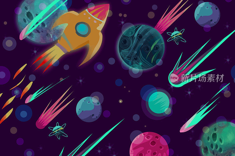 Cosmos, comets, falling stars and meteors in neon colors